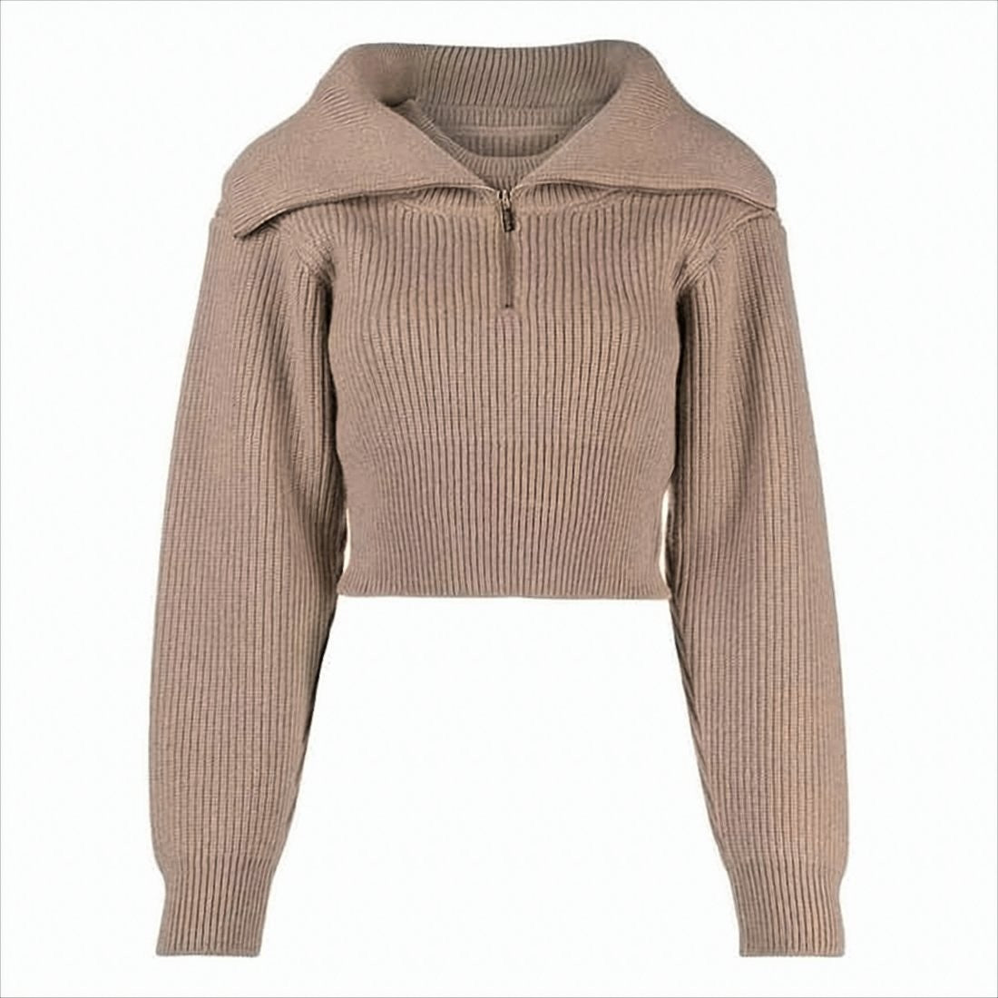 Jacquemus Cropped Brown Wool Sweater With Fold-Over Collar