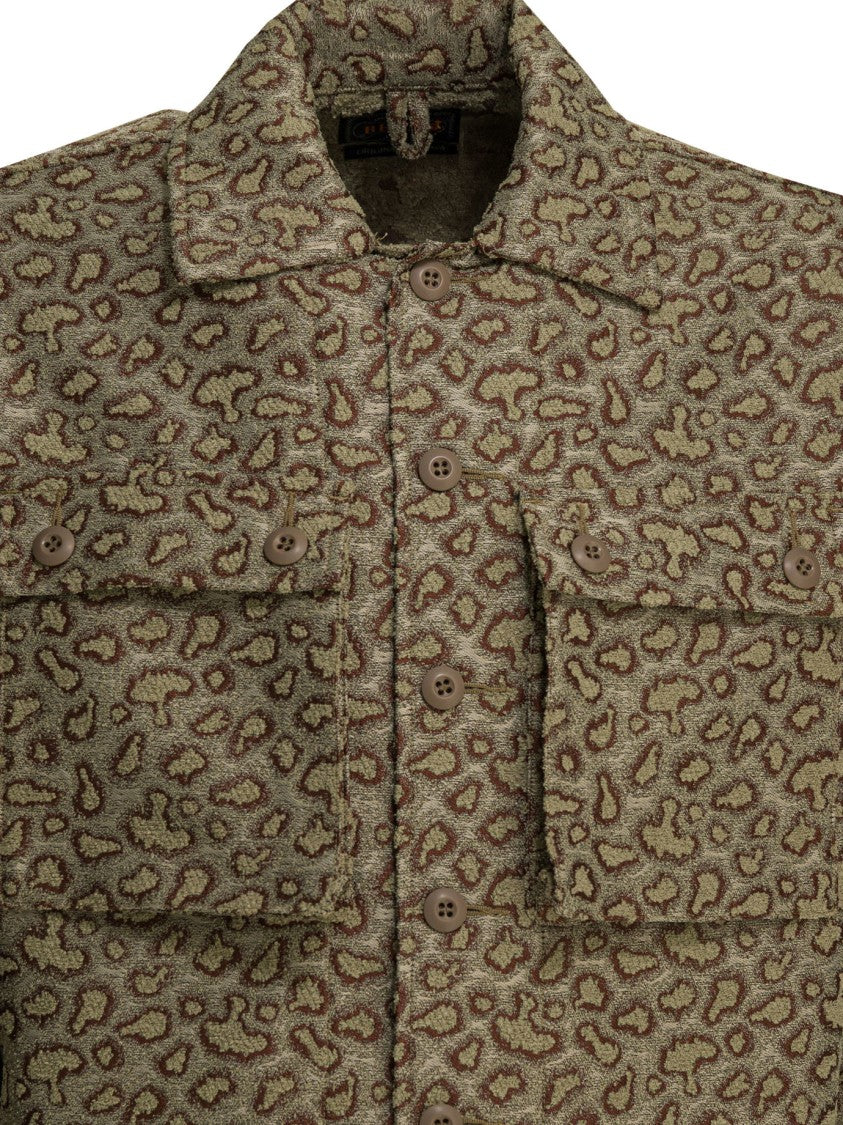 Beams Plus Boxy Beige Jacket With Abstract Leopard Print And Button-Up Closure