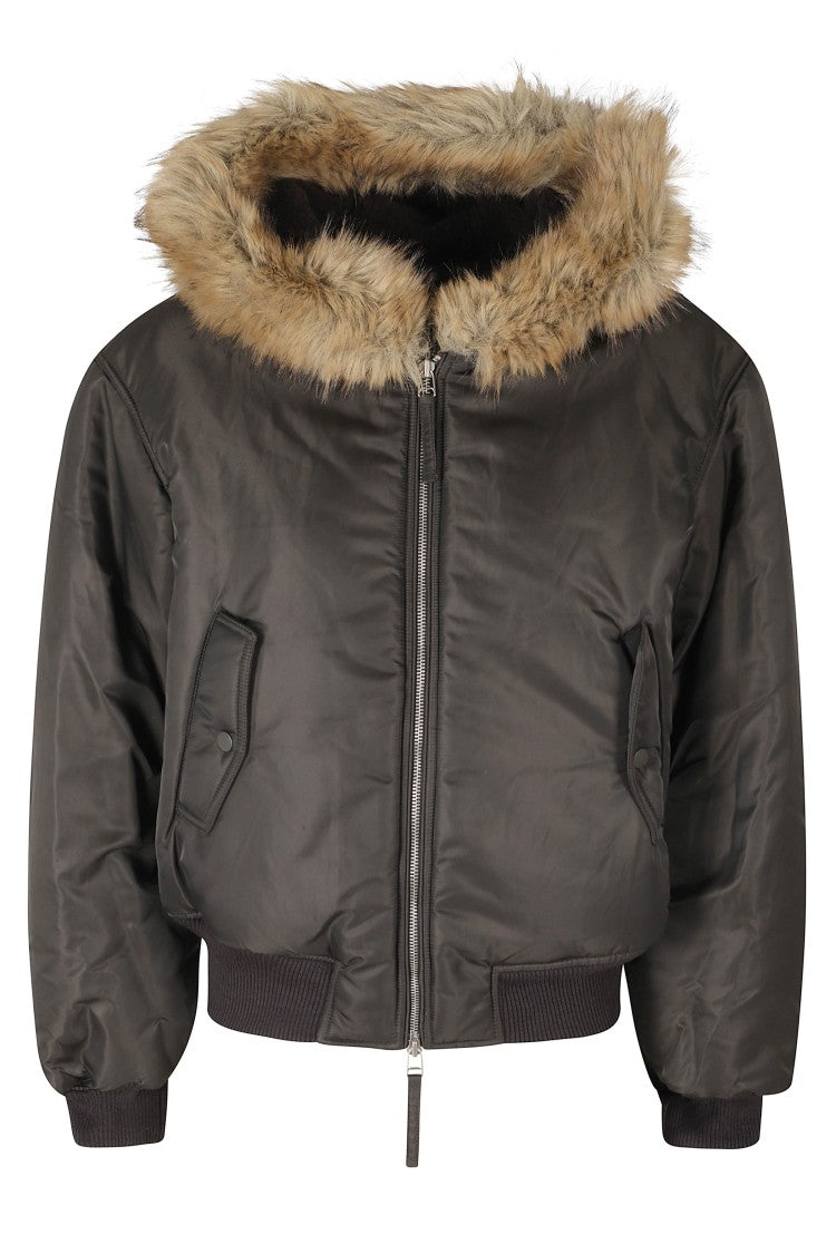 Low Classic Khaki Brown Panelled Hooded Faux Leather Bomber Jacket
