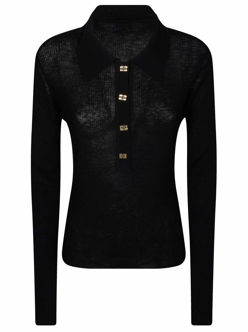 Ganni Sheer Ribbed Wool Gold-Button Polo Shirt