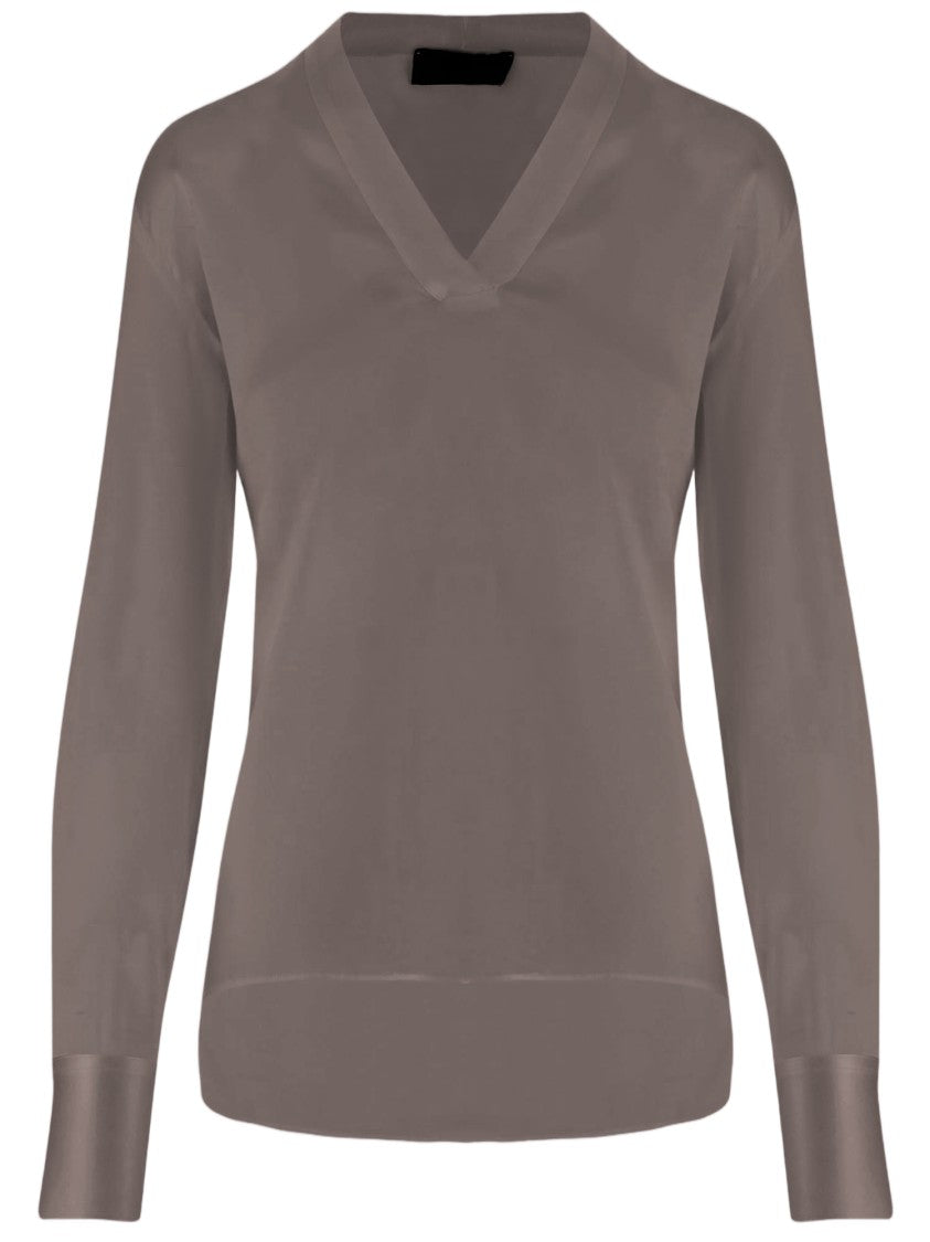 F.It Stretch Silk V-Neck Shirt With Flowing Silhouette And Buttoned Cuffs