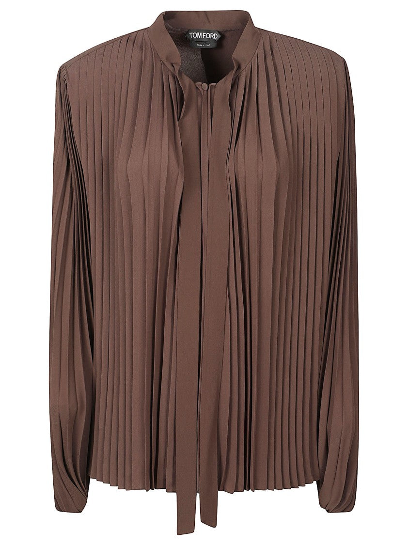 Tom Ford Brown Pleated Tie-Detail Blouse