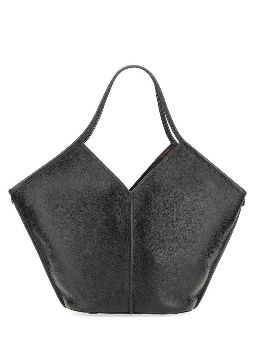 Hereu Structured Black Calf Leather Tote Bag With Distressed Finish