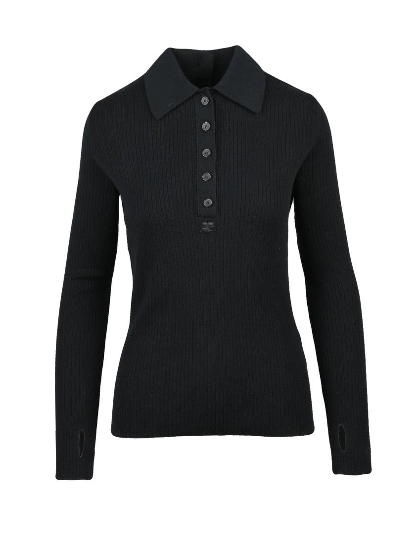 Courrèges Black Knit Polo Shirt With Ribbed Texture And Fitted Silhouette