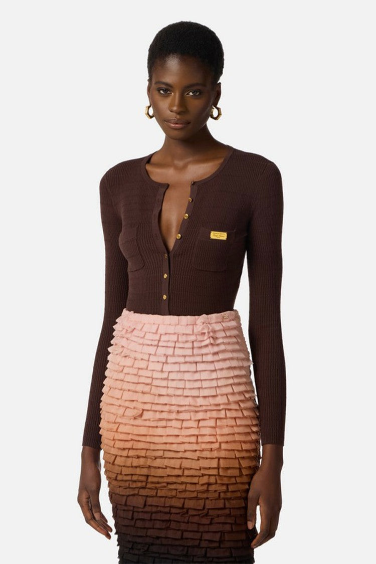 Elisabetta Franchi Brown Braided Ribbed Gold Logo Plaque Lyocell-Blend Cardigan