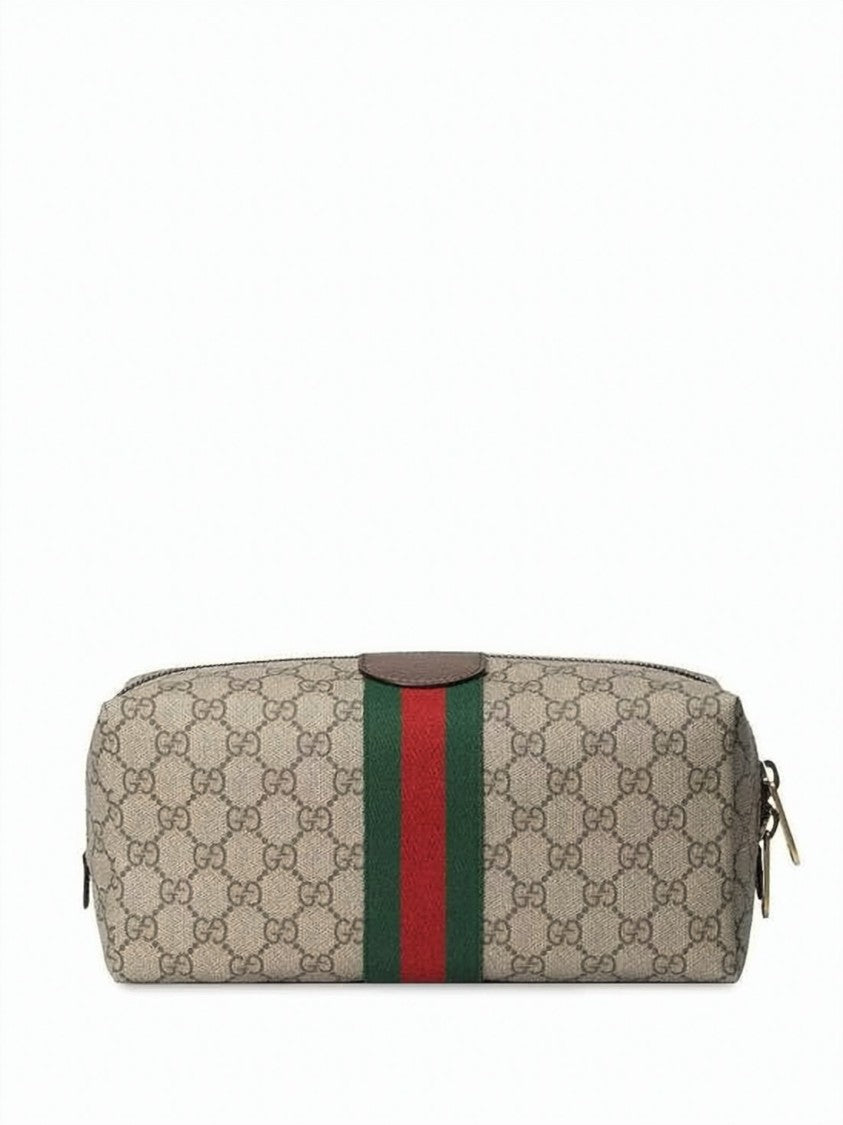 Gucci Beige Canvas Gg Monogram Cosmetic Case With Leather Trim
