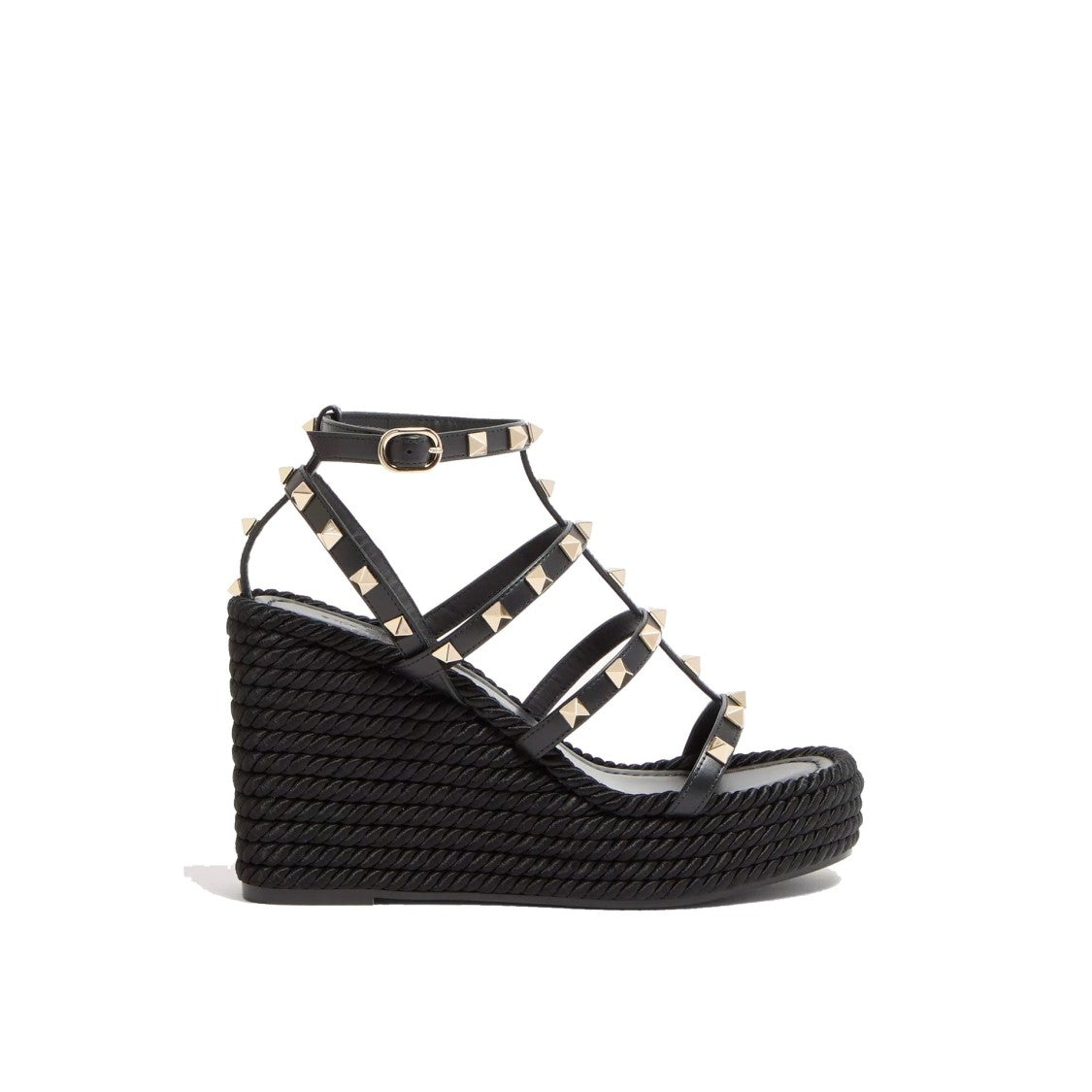 Valentino Garavani Black Calf Leather Wedge Sandals