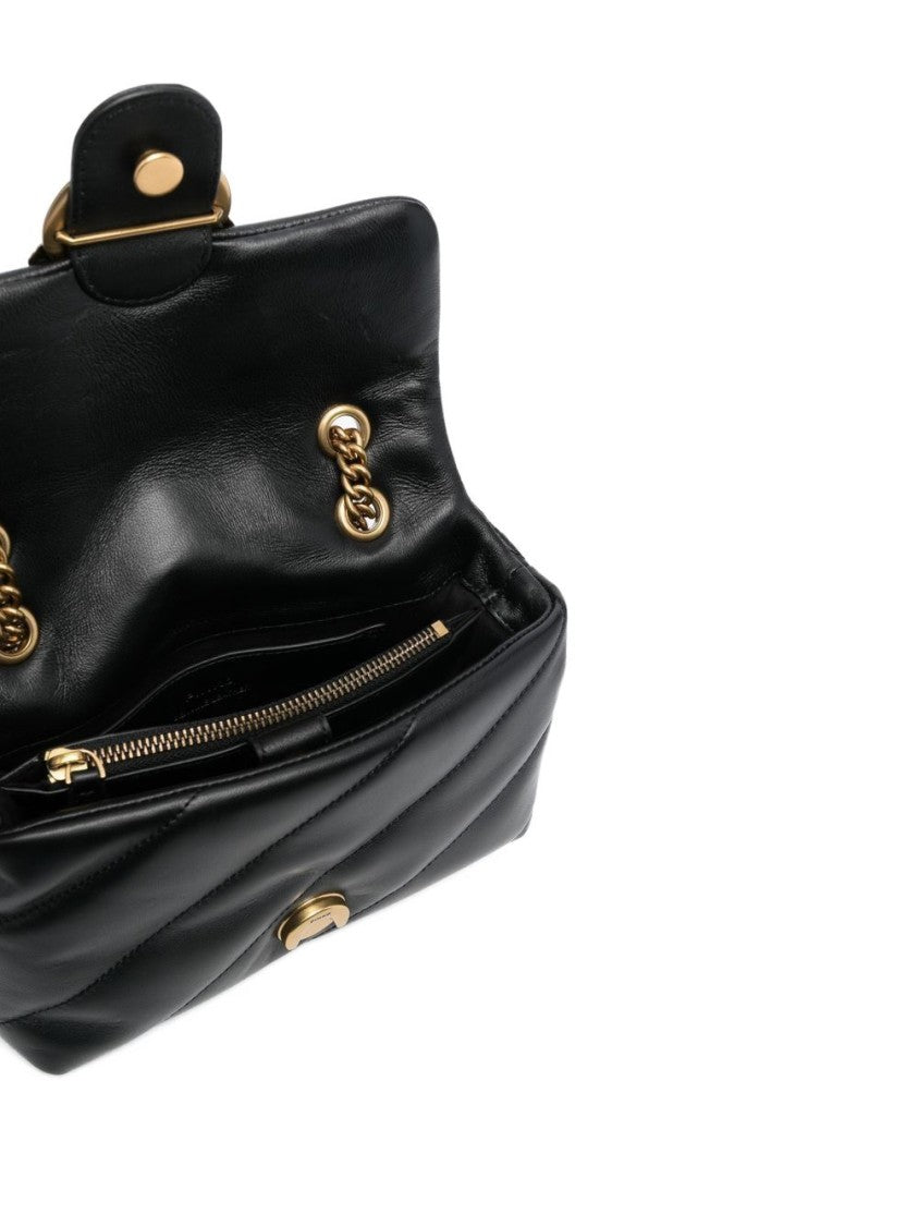 Pinko Quilted Black Shoulder Bag With Gold-Tone Bird Motif