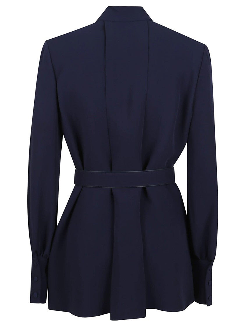 Valentino Dark Blue Silk Shirt With Stand-Up Collar