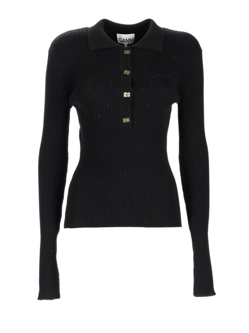 Ganni Slim Fit Ribbed Knit Polo Shirt