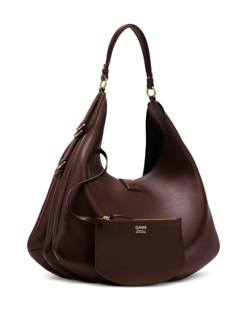 Ganni Crescent-Shaped Brown Leather Shoulder Bag