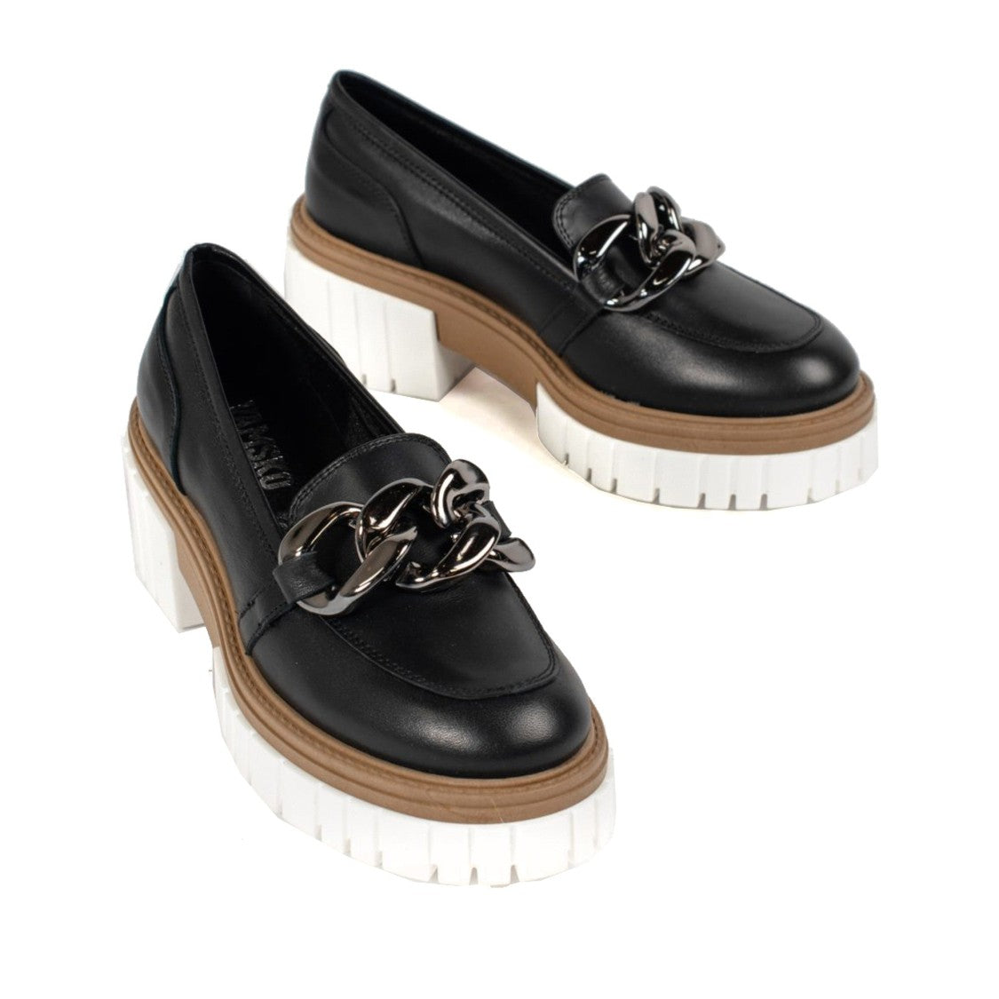 Vamsko Iris Black Chunky Sole Silver Chain Leather Loafers