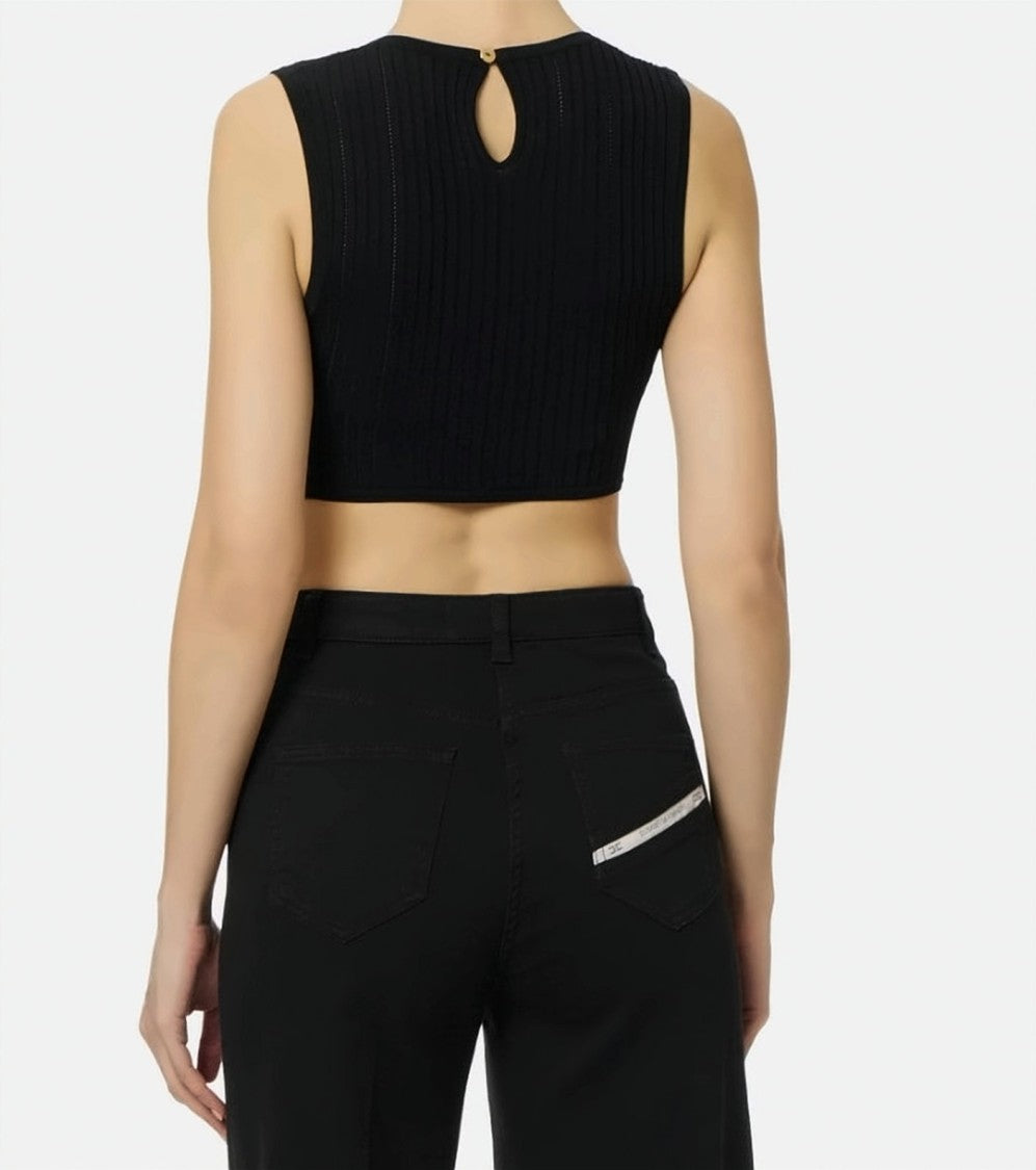 Elisabetta Franchi Sleeveless Perforated Ribbed Knitted Jewel Top