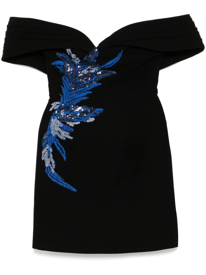 Saiid Kobeisy Jet Black Off-Shoulder Short Dress With Spectrum Embellishments