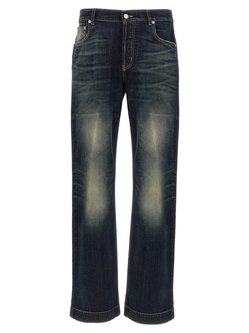 Mcqueen Stonewashed Five-Pocket Wide Leg Denim Jeans