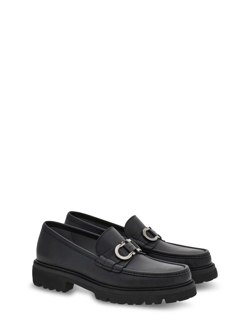 Ferragamo Black Leather Flat Shoes With Decorative Buckle