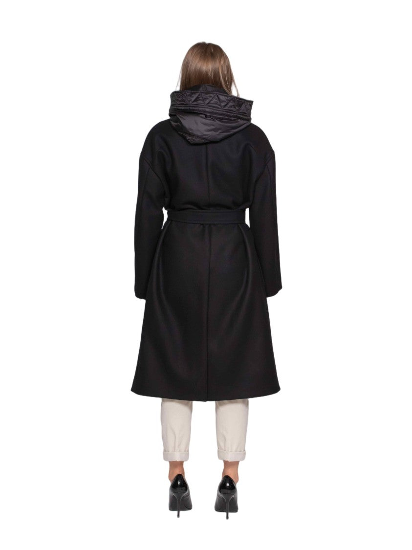 Fay Mid-Calf Length Black Coat With Quilted Hood And Belted Waist
