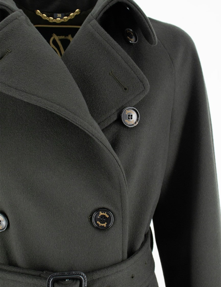 Sealup Dark Green Long Coat With Double-Breasted Design
