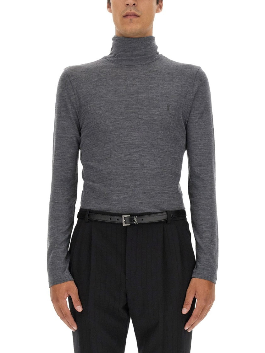 Saint Laurent Slim-Fit Turtleneck Wool Jersey With Subtle Embroidery