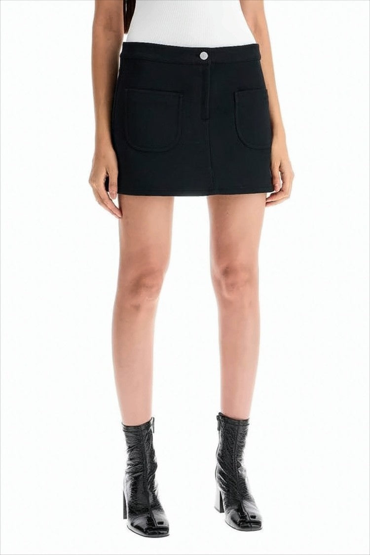 Courrèges Structured Black Mini Skirt With Front Button Closure And Rounded Pockets