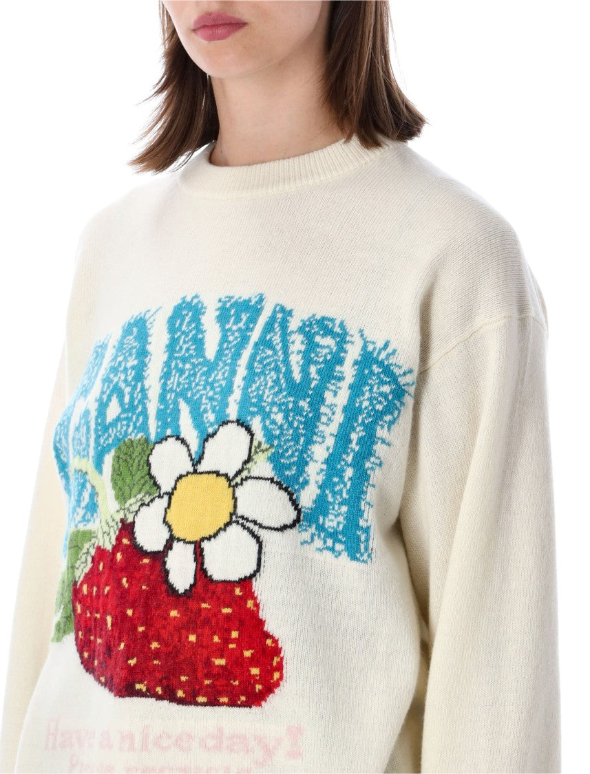 Ganni Relaxed Fit Knit Sweater With Playful Strawberry Graphic