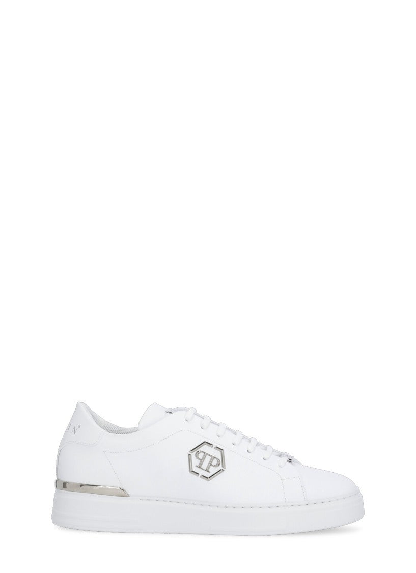 Philipp Plein White Hexagon Leather Metal Detail Sneakers