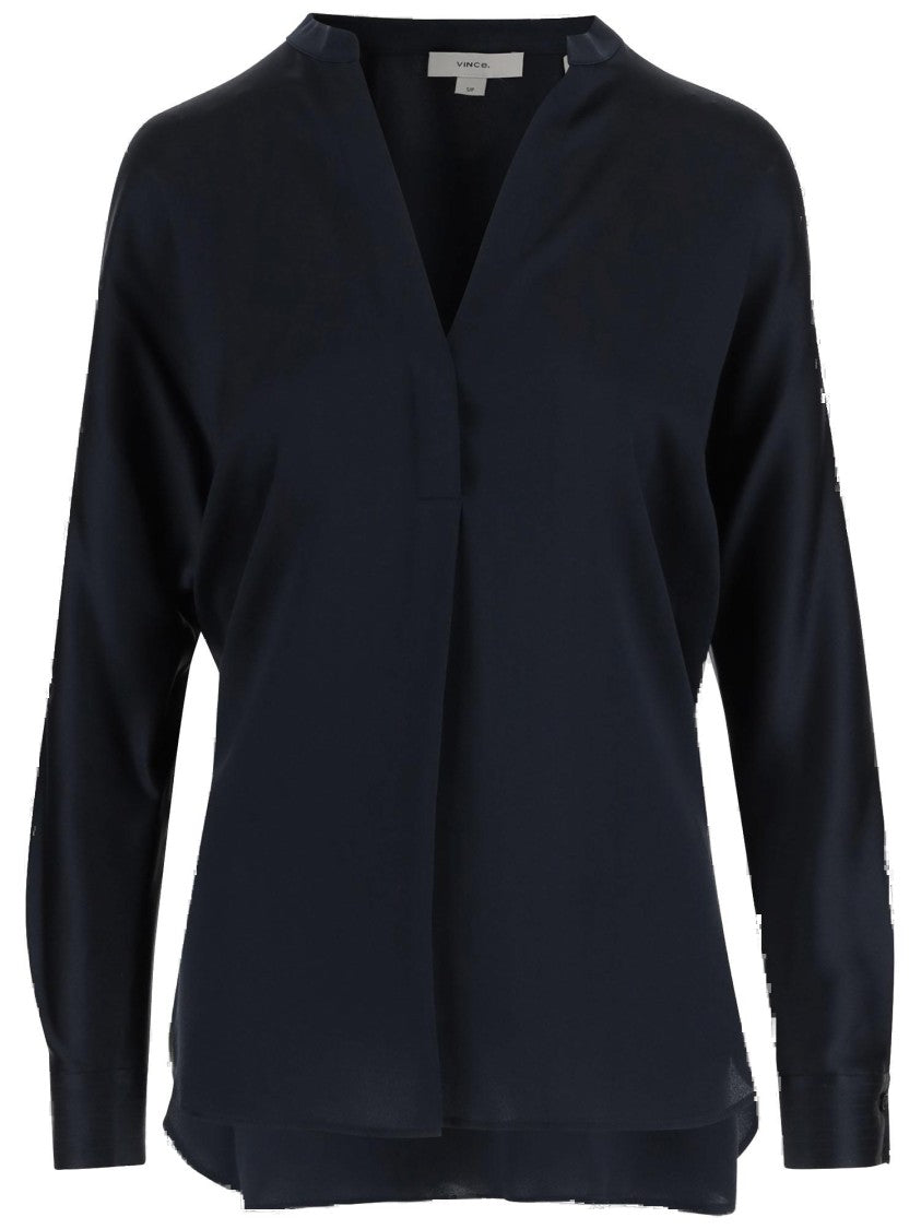 Vince Silk Satin Blouse With V-Neck And Asymmetrical Hem