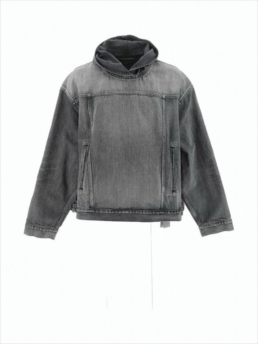 Balenciaga Boxy Grey Denim-Finish Hooded Sweatshirt
