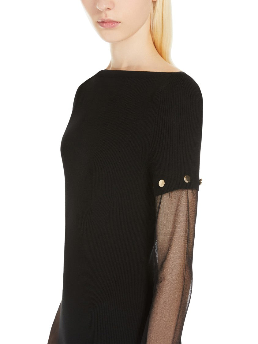 Max Mara Fitted Black Midi Dress With Sheer Sleeves And Decorative Buttons