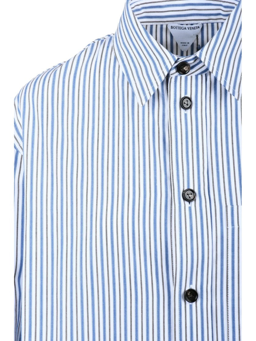 Bottega Veneta White Sky Blue Striped Cotton Chemise Shirt