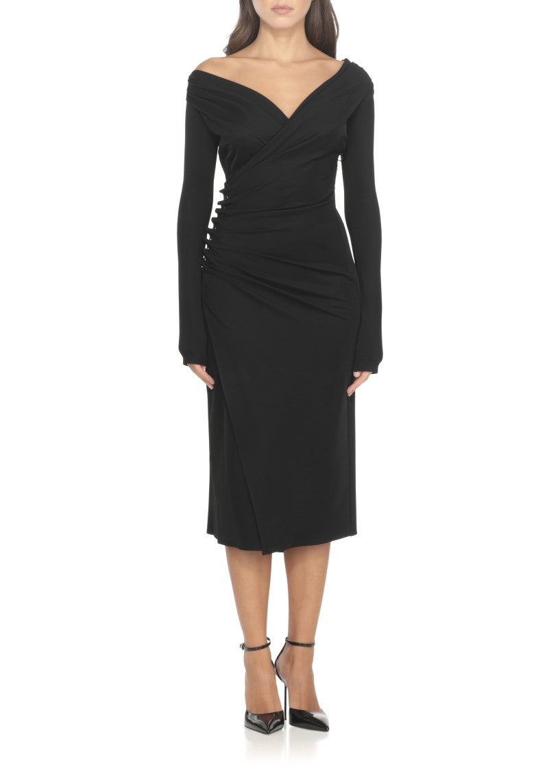 Elisabetta Franchi Black V-Neck Midi Dress With Metallic Accents