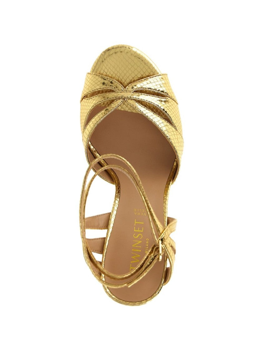 Twin-Set Textured Gold High-Heeled Sandals With Ankle Strap