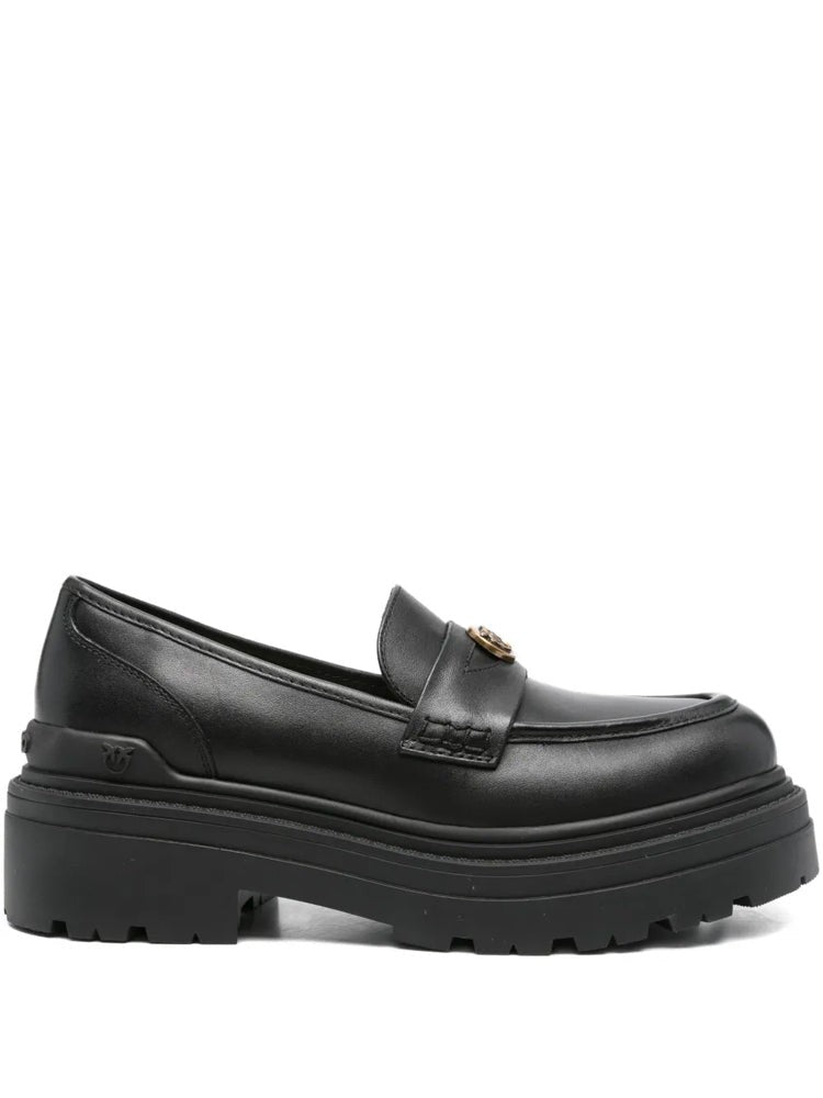 Pinko Black Mia 24 Rounded Toe Lug Sole Leather Loafers