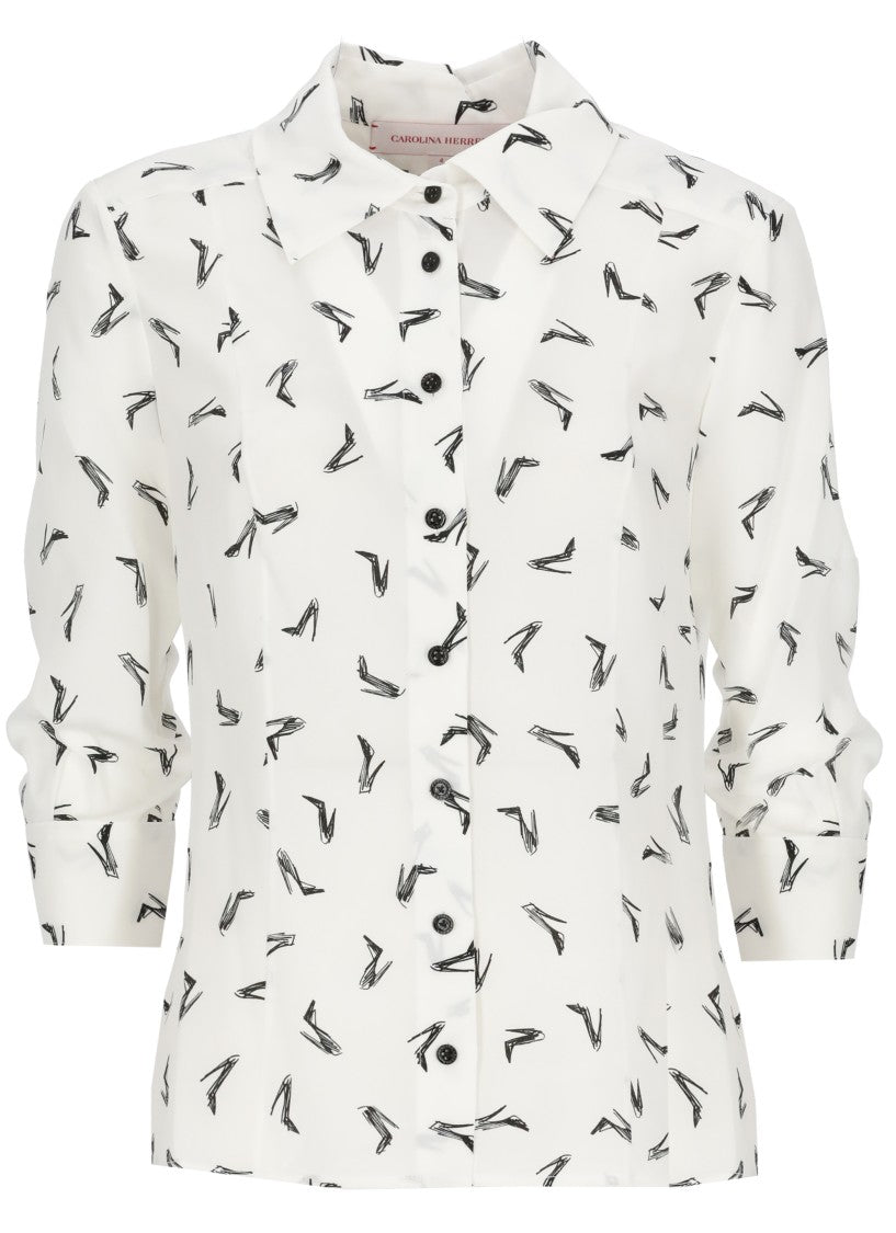 Carolina Herrera Ivory Good Girl Shoe Print Silk Shirt