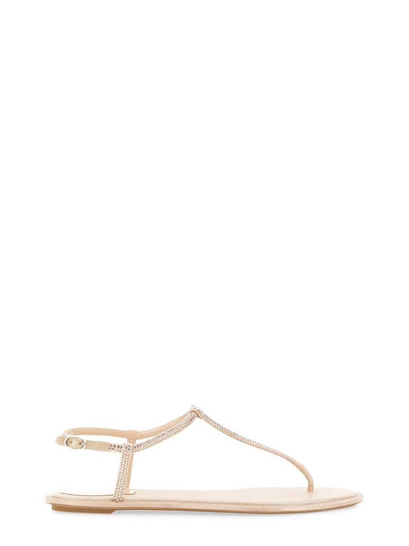 René Caovilla Diana T-Strap Embellished Flat Leather Sandals