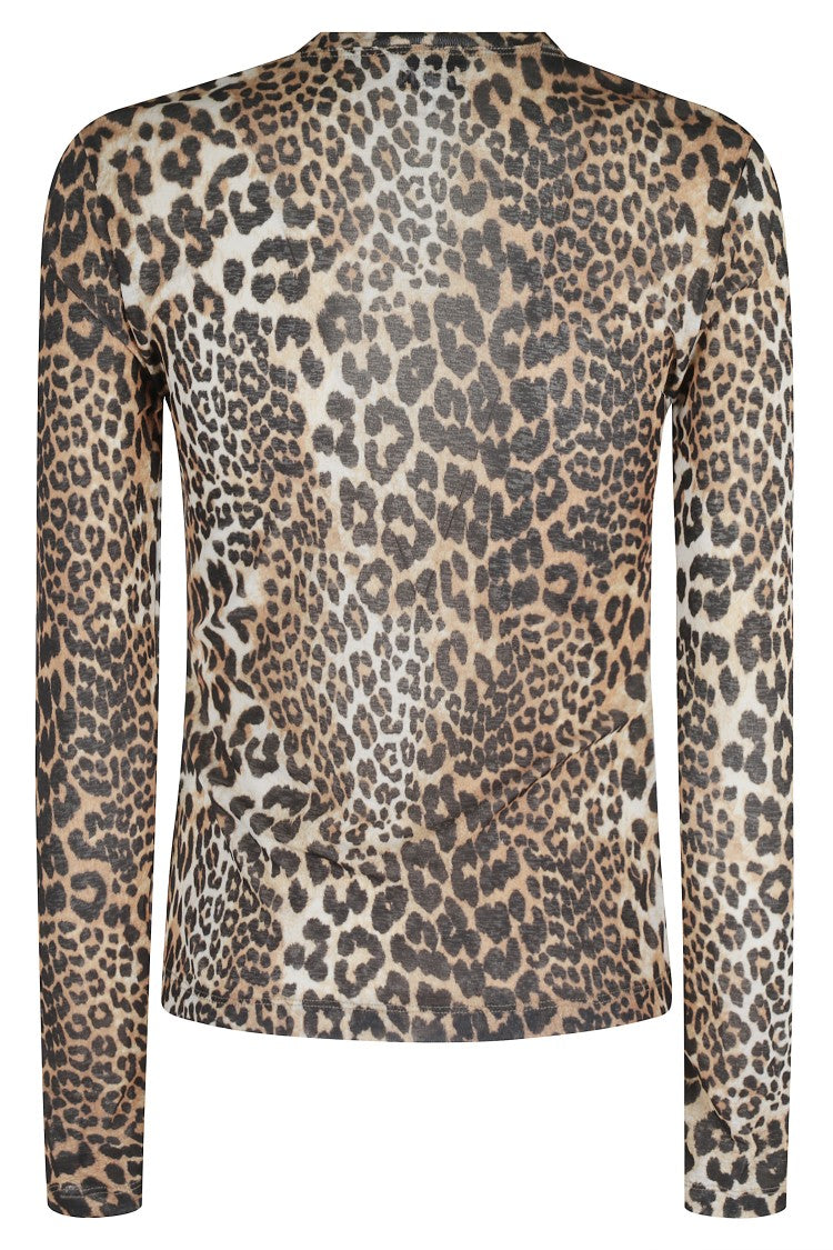 Ganni Leopard Pattern Printed Mesh Long Top