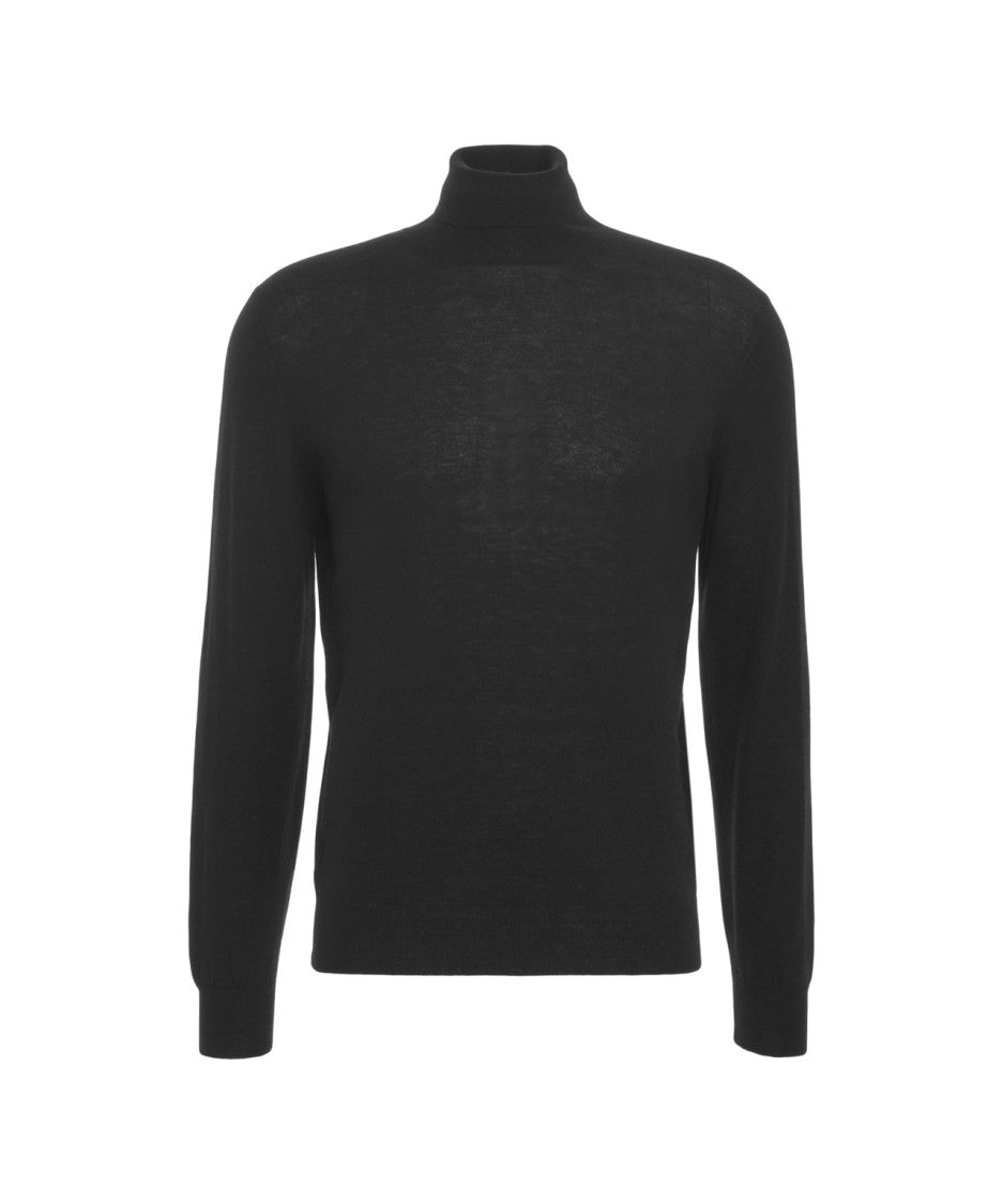 Gender Mock Neck Black Knit Sweater With Ribbed Details
