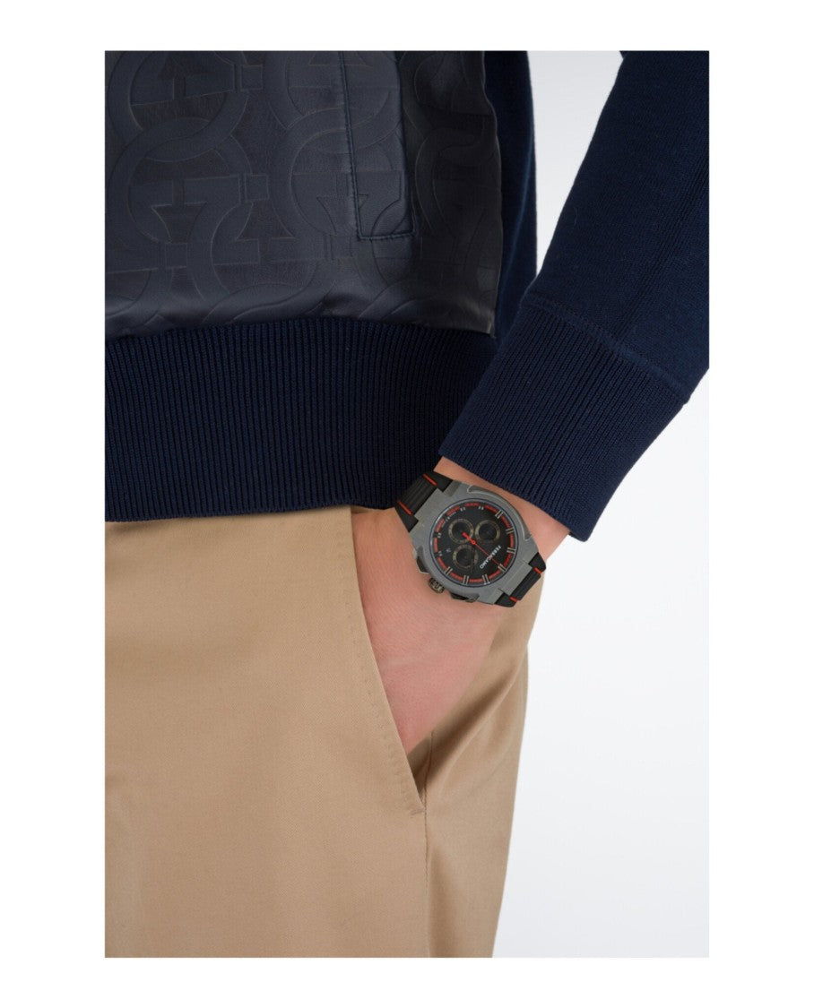 Ferragamo Swiss Made Chronograph Watch With Gunmetal Case And Black Dial