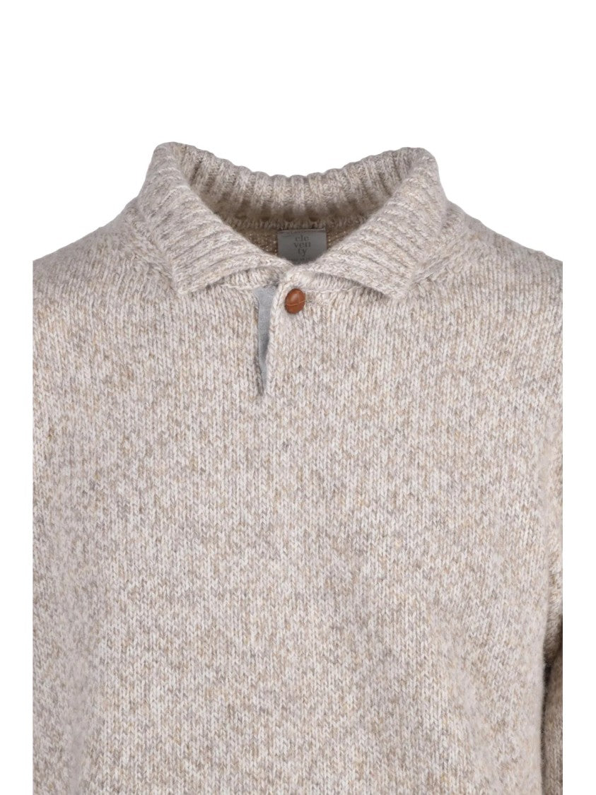 Eleventy Buttoned Wool Sweater With Collar In Warm Beige