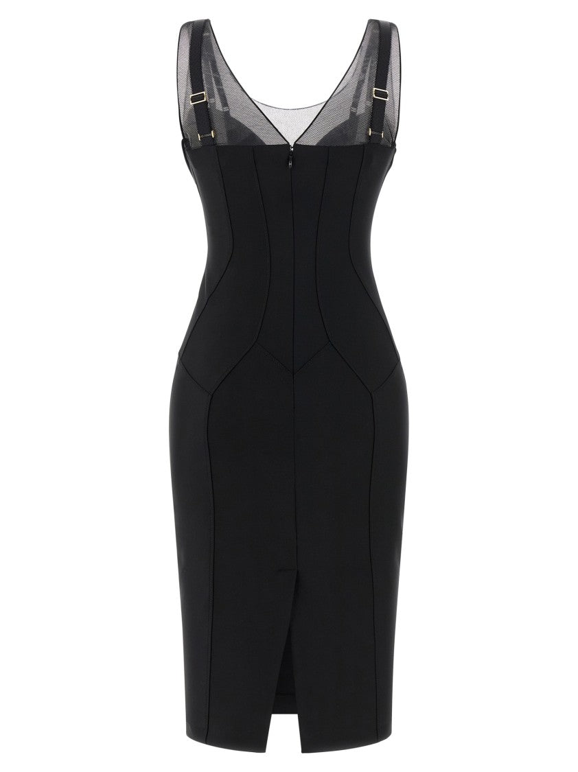Elisabetta Franchi Corset-Inspired Midi Dress With Tulle Inserts And Adjustable Straps