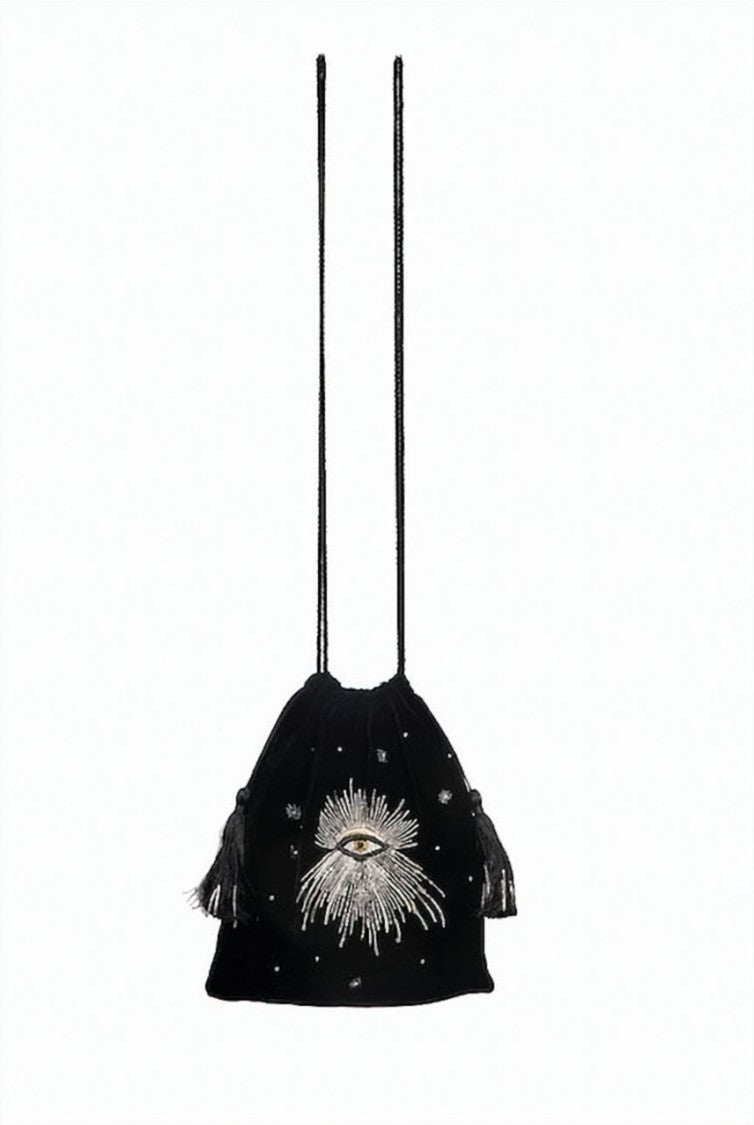 Hamoulet Black Velvet Drawstring Bag With Intricate Silver Embroidery