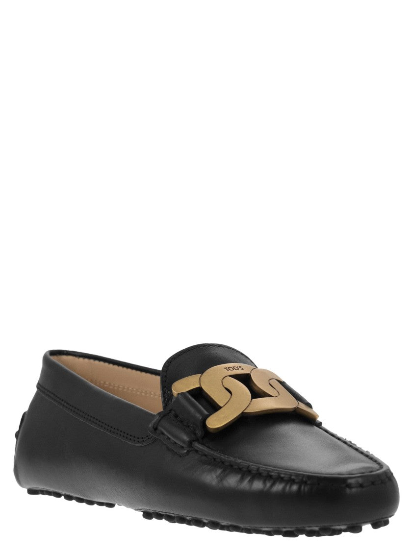 Tod's Brushed Leather Moccasin With Metal Chain Detail