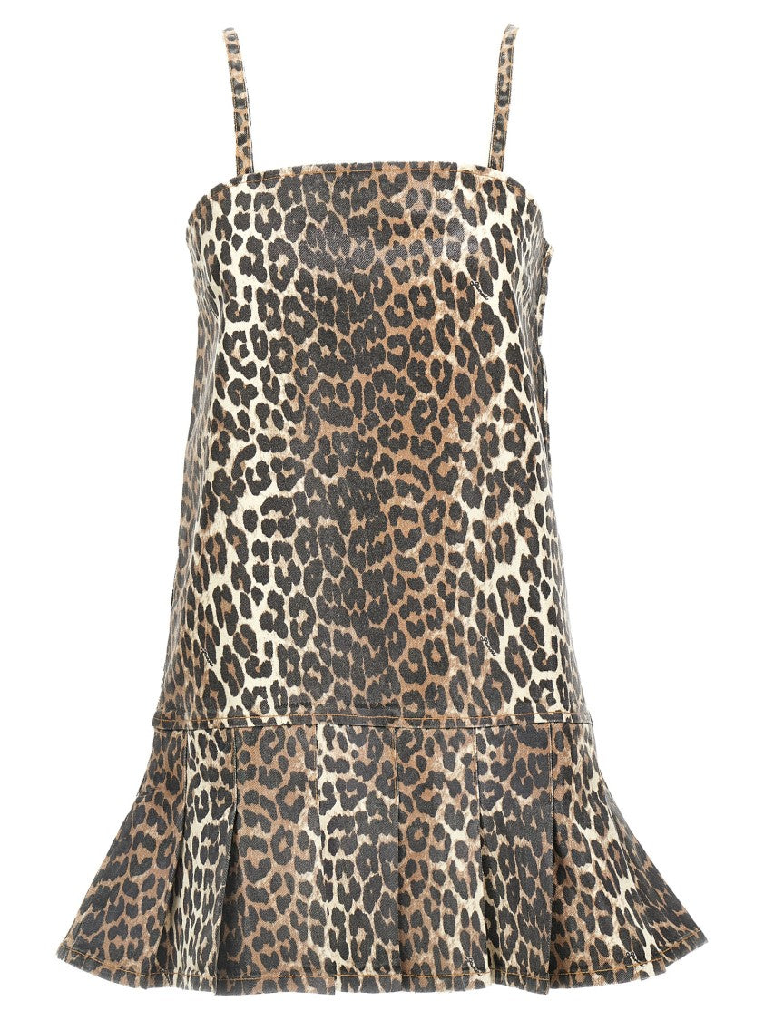 Ganni Leopard Print Denim Mini Dress