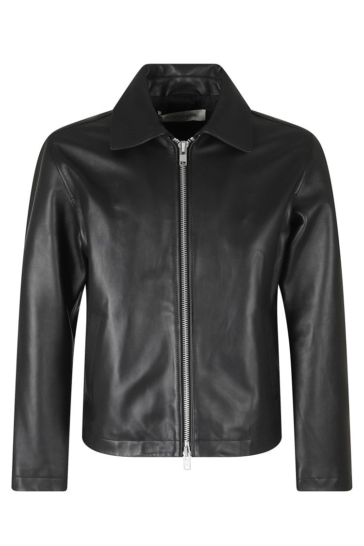 Sunflower Short Lamb Leather Jacket With Classic Collar And Dual Zipper