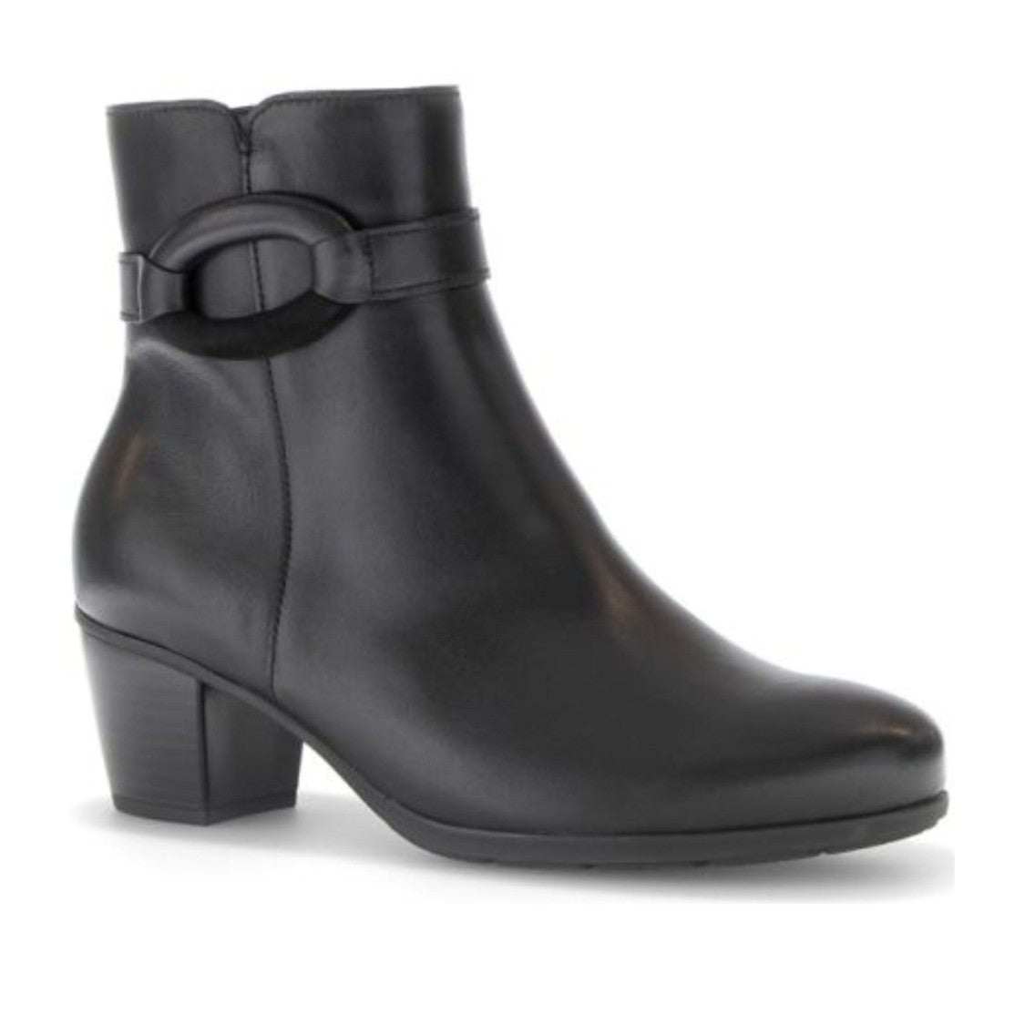 Gabor Black Mid-Height Block Heel Circular Buckle Leather Boots