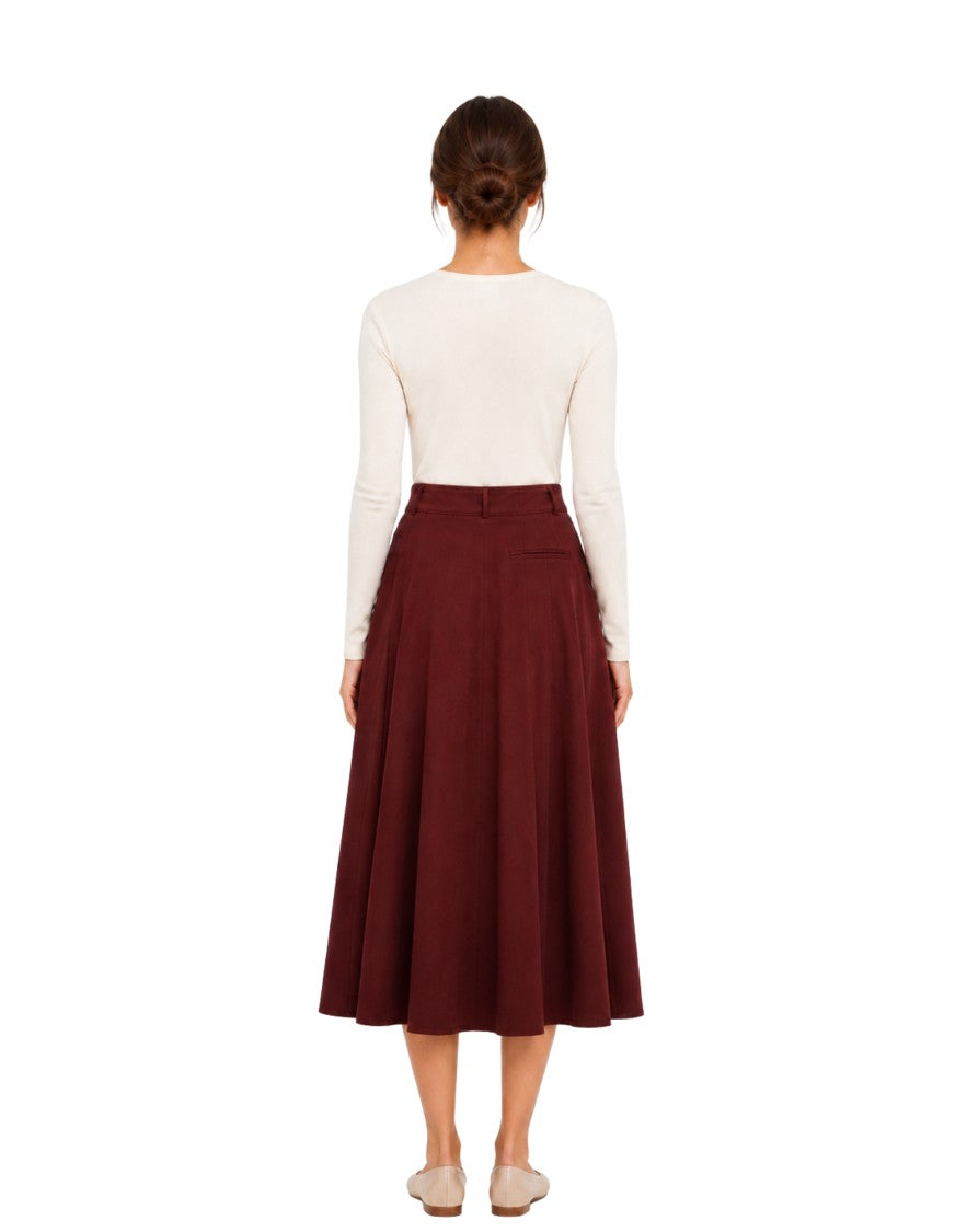 Pomandère Burgundy High-Waist Pleated Cotton-Wool Midi Skirt