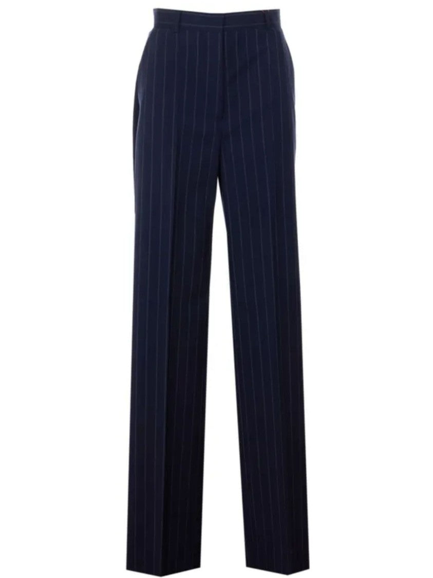 Max Mara Blue Vertical Pinstripes Wool Straight-Leg Pants