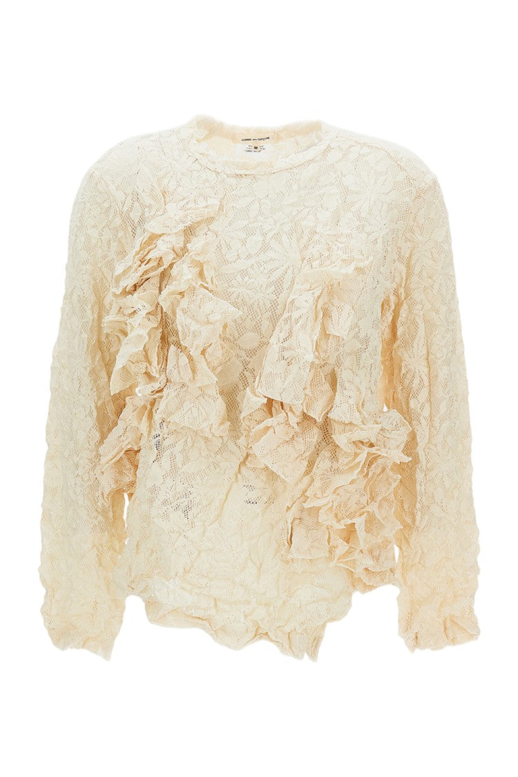 Comme Des Garçons White Crinkled Ruffle Lace Long-Sleeve T-Shirt