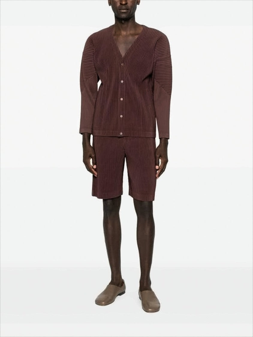 Homme Plissé Issey Miyake Button-Up Textured Cardigan With Deep V-Neckline And Vertical Pleats