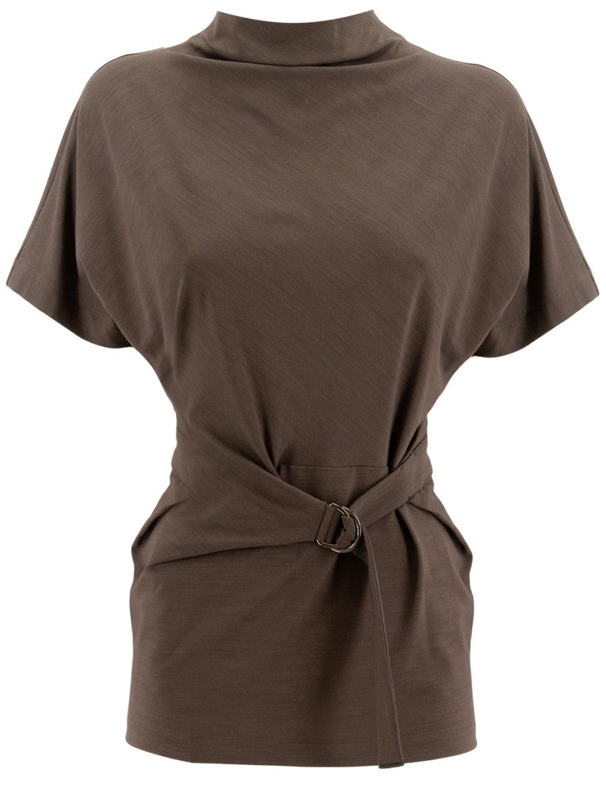 Brunello Cucinelli Belted Turtleneck Top With High Neckline